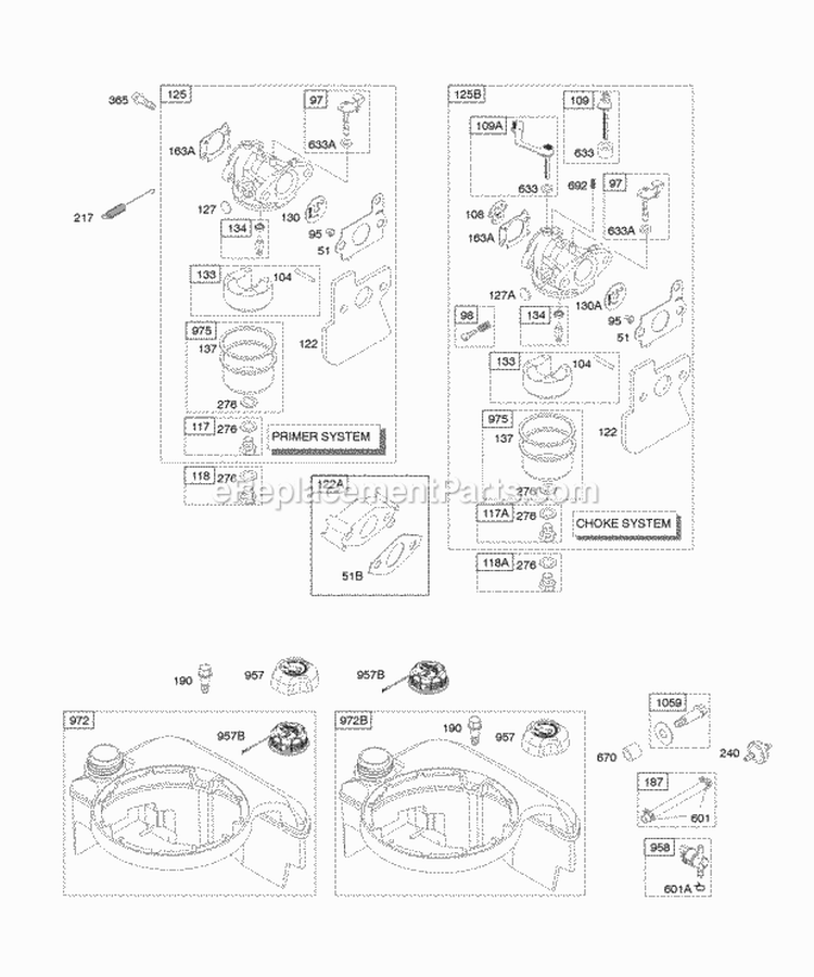 Carburetor Fuel Supply Diagram and Parts List for 121602-0317-E1  Briggs and Stratton Engine